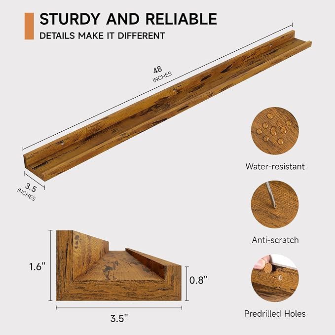 Fun Memories Picture Ledge Shelf, 48 Inch Floating Shelves Set of 2, Large Nursery Book Shelves for Storage, Bookshelf Wall Mounted for Wall Decor Books Photo Frames, Rustic Brown