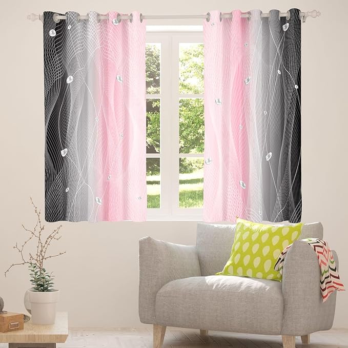 jejeloiu Pink and Black Darkening Drapes Strip Lines Curtains for Bedroom for Kids Women Men Ombre Pearl Printed Blackout Curtains Geometric Window Treatments(2 Panels, 42 x 90 Inch)