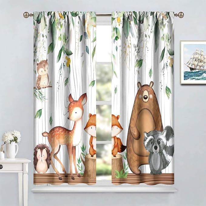 Forest Animal Curtains, Watercolor Wild Animal Bear Fox Deer Kids Window Treatments for Living Room Bedroom,Green Woodland Tree Kids Drapes 2 Panel Sets,72x63 Inch