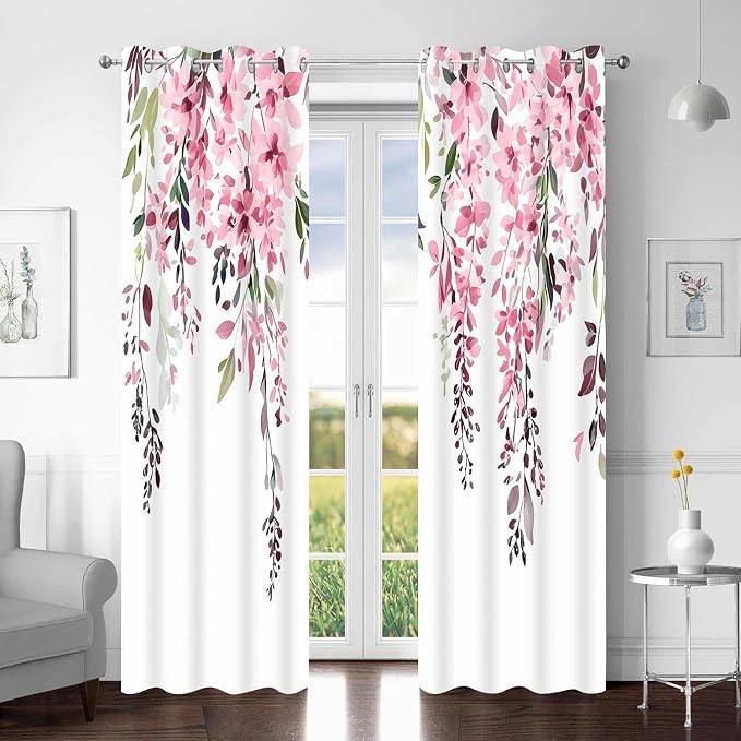 Pink Watercolor Floral Curtains, 42x72 inch, 2 Panels | Botanical Leaves Vine Flowers, Rustic Farmhouse Style, Blackout Window Treatment, For Bedroom Living Room