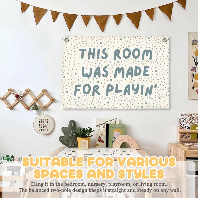 Playroom Wall Decor, Boho This Room Was Made For Playin Linen Canvas Banner, Toddler Playroom Decor Kids Toy Room Nursery Wall Decor for Toddler Boys Bedroom, 30x20 Inch