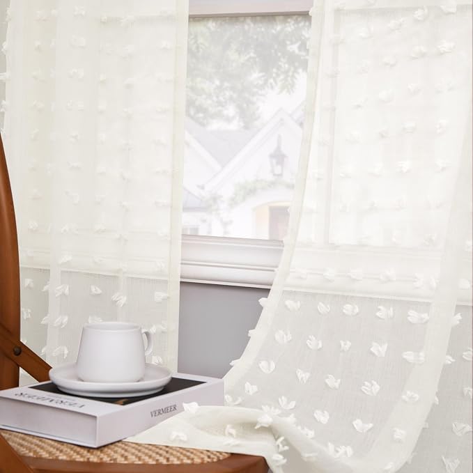DANCURTON Sheer Cream Curtains 96 Inches Long for Living Room Fairy Pom Pom Textured Ivory Sheer Curtains Back Tab Farmhouse Boho Sheer Voile Drapes for Bedroom Laundry Room 2 Panels 52x96 Inch Length