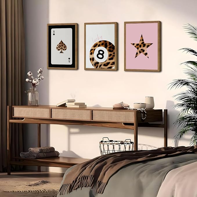 Pink and Black Leopard Wall Art, Lucky Girl 8 Ball Wall Decor Set of 3 Cheetah Lucky Star Poster Canvas Prints, Coquette Modern Teen Pictures for Bedroom Living Room 12x16 inch Framed