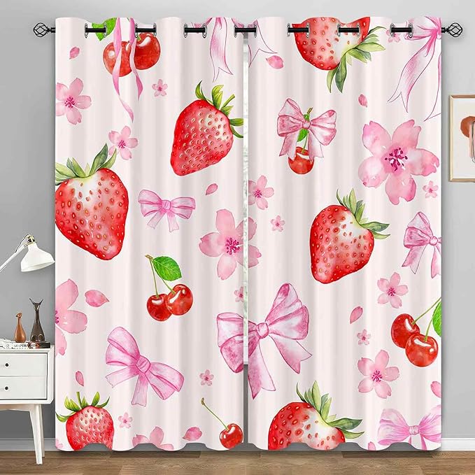 LUVIVIHOME Cute Floral Strawberry Blackout Curtains, Pink Bow Curtains for Girls Bedroom Living Room, Aesthetic Bowknot Girly Preppy Coquette Room Decor, Grommet Window Drapes 2 Panel Sets, 42x63 Inch