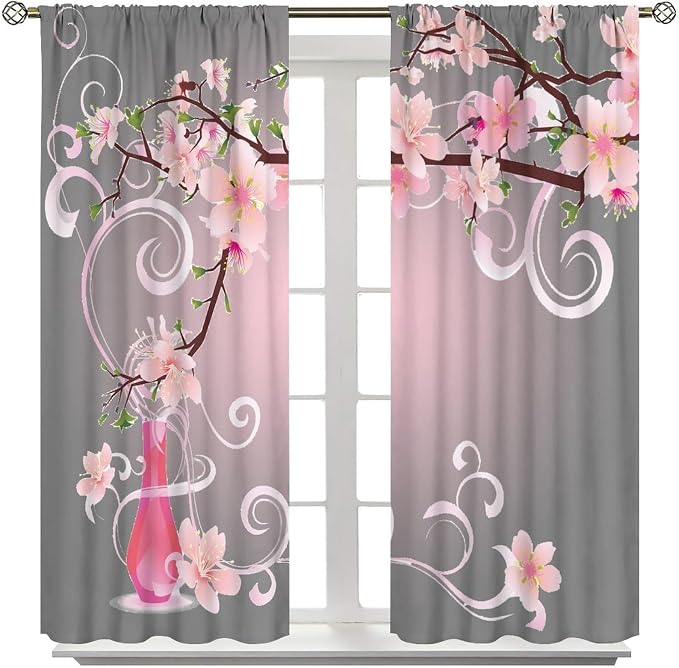Cherry Blossom Curtains,Pink Flower Japanese Floral Print Window Treatments for Bedroom Living Room Kitchen Polyester Fabric Window Drapes 2 Panels Set,Total Size 63 x 63 Inch