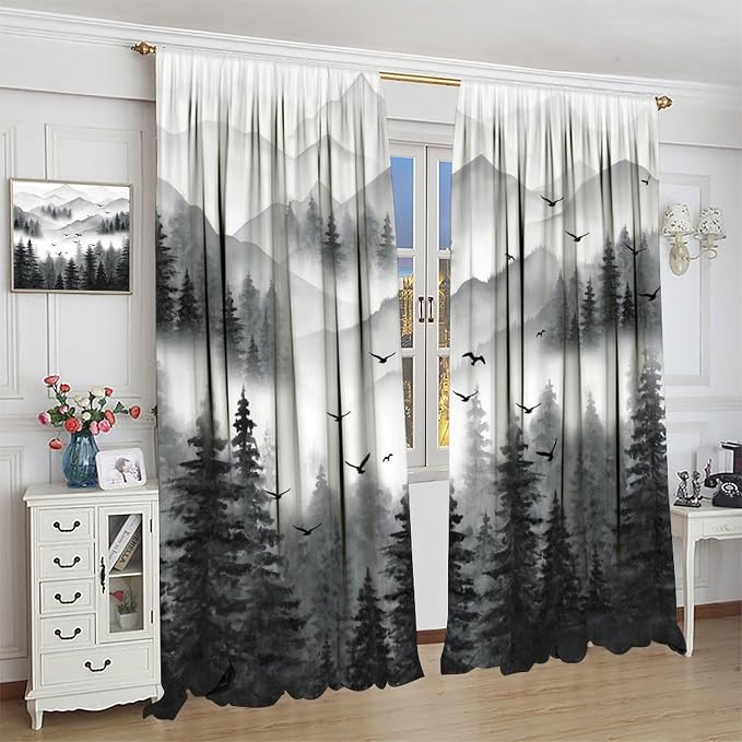 Forest Blackout Curtains for Kitchen Farm Retro Countryside Gray Nature Mist Watercolor Forest Mountains Trees Theme Print Windows Treatments for Boys Girls Bedroom Living Room 52x84in
