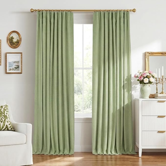 INOVADAY 100% Blackout Curtains for Bedroom, Black Out Curtains 90 Inch Long, Clip Rings Linen Blackout Drapes, Thermal Insulated Room Darkening for Living Room, 2 Panels - Sagegreen,W50xL90