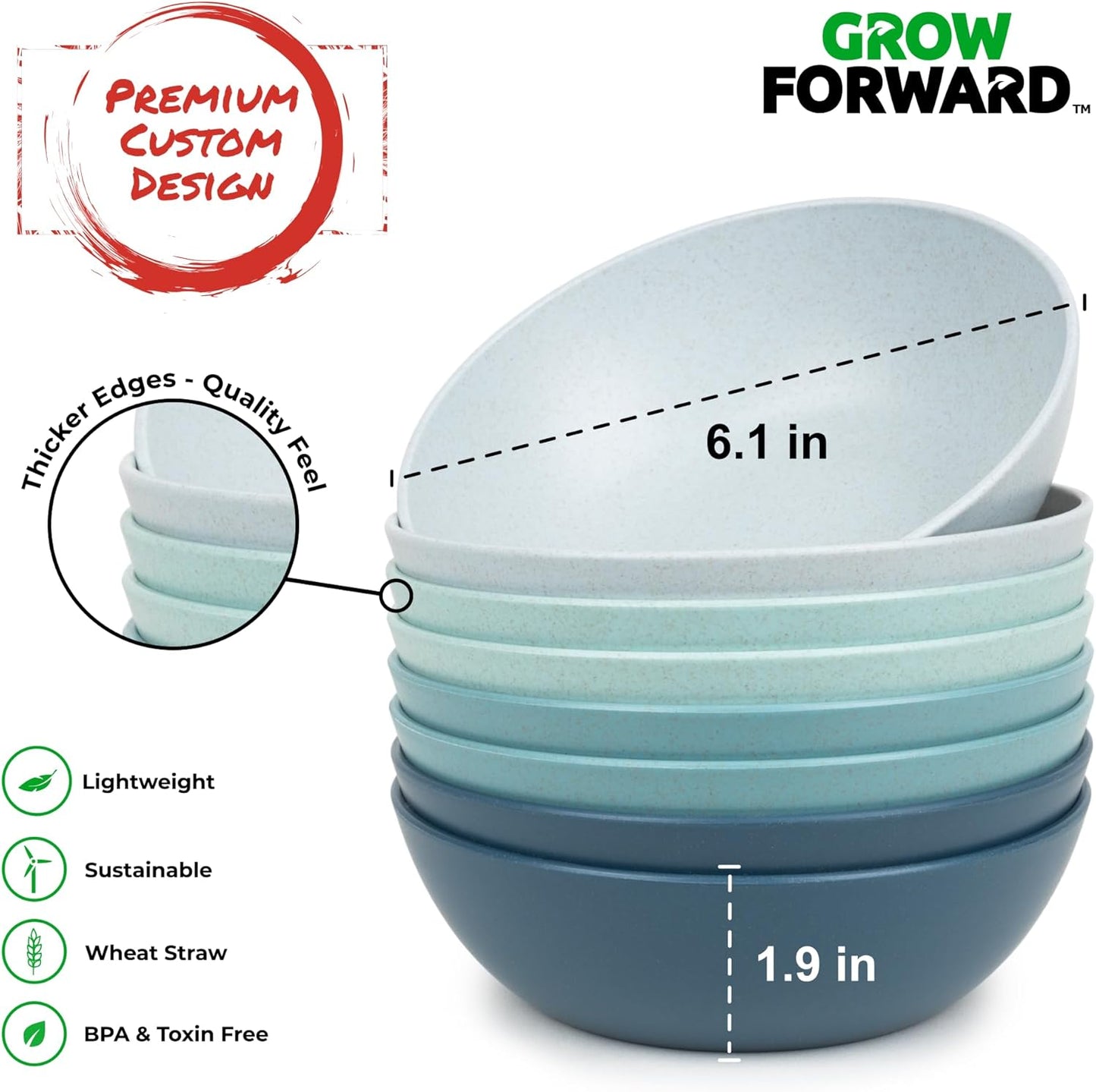 Grow Forward Premium Wheat Straw Bowls - 20oz Microwave Safe Plastic Cereal Bowls Set of 8 for Kitchen, Camping, RV, Dessert, Snack, Soup, Salad, Fruit - Reusable, Unbreakable & BPA Free - Seascape