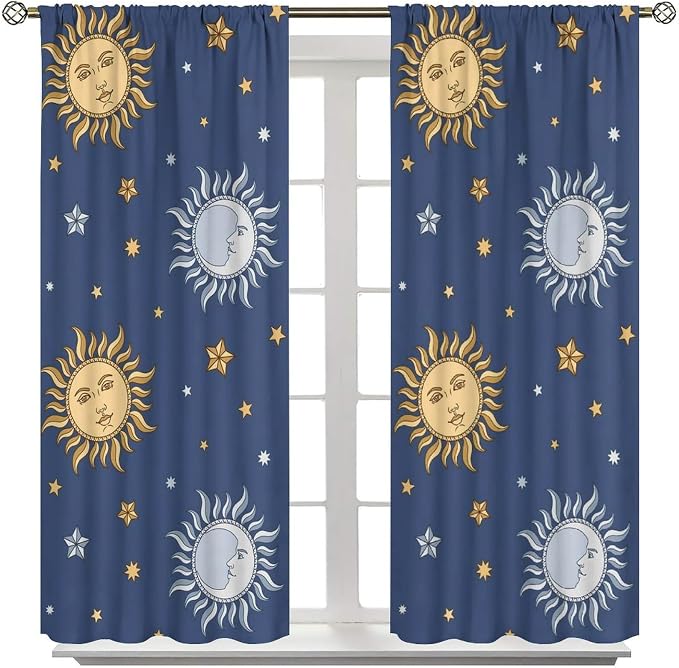 Vintage Sun Moon Bohemian Blackout Window Curtains, Retro Boho Style Print Rod Pocket Window Drapes, for Living Room Bedroom 55x63in 2 Panels