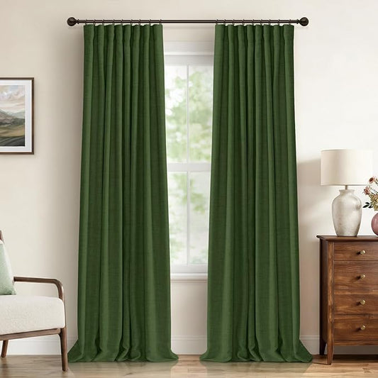 100% Blackout Shield Full Blackout Curtains for Bedroom 102 inch Length 2 Panels Set, Clip Rings/Rod Pocket Faux Linen Black Out Curtains for Living Room, Thermal Insulated, 50Wx102L, Moss Green