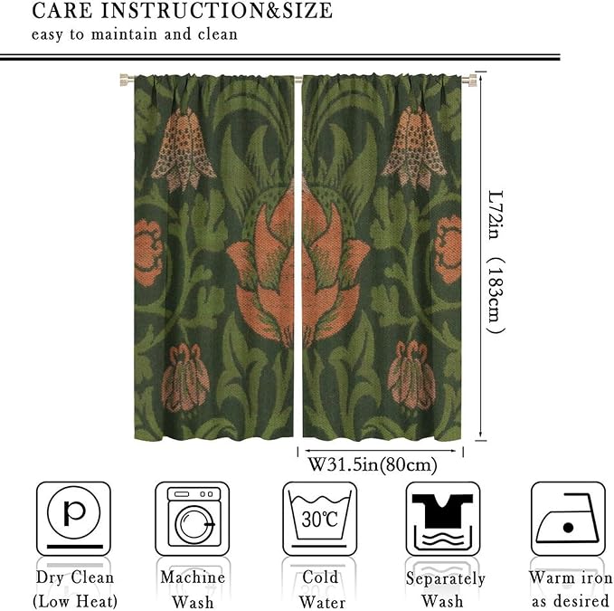 Vintage Bohemia William Morri Plant Flowers Blackout Window Curtains, Abstract Art Retro Plants Pattern Print Window Drapes, for Bedroom Living Room 31.5(W)*72(L) 2 Panels