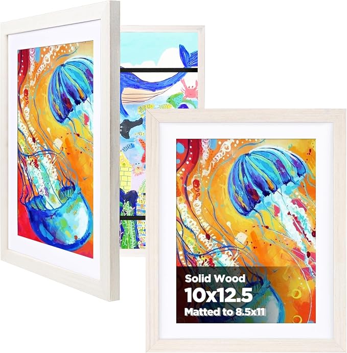 KINLINK 10x12.5 Kids Art Frame 2 Pack, Solid Wood Artwork Frames Changeable, Front Opening Hold 150 Pictures, Art Frames for Kids Artwork, 8.5x11 with Mat 10x12.5 without Mat, Picture Frames White Wood