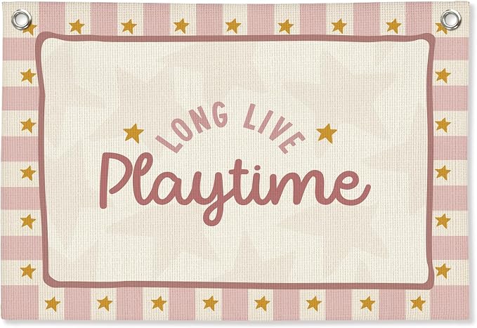 Playroom Wall Decor,Long Live Playtime Linen Canvas Banner,Pink Toddler Playroom Decor Kids Room Nursery with Star Pattern Wall Decor for Toddler Girls Toy Room Bedroom,30x20 Inch