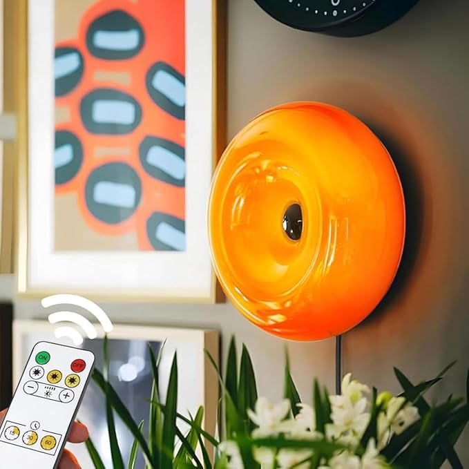 Bofea-Modern Orange Donut Lamp,Plug-in Bedside Lamp Or Plug-in Wall Sconces,Mid Century Modern Decor Wall Mount Lamps,Creative Orange Light for Living Room,Reading Room,Hallway Ambient Lighting | Orange Glass Donut Lamp,Stepless Dimming,Warm Ambient Li...