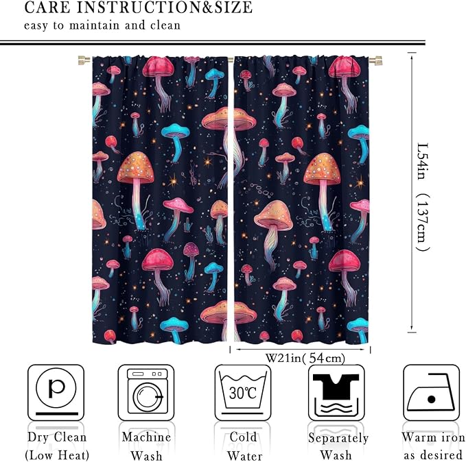 Fantasy Mushroom Curtains,Colorful Plant Print Window Treatments for Bedroom Living Room Kitchen Cartoon Herbs Floral Polyester Fabric Window Drapes 2 Panels Set,Total Size 42 x 54 Inch
