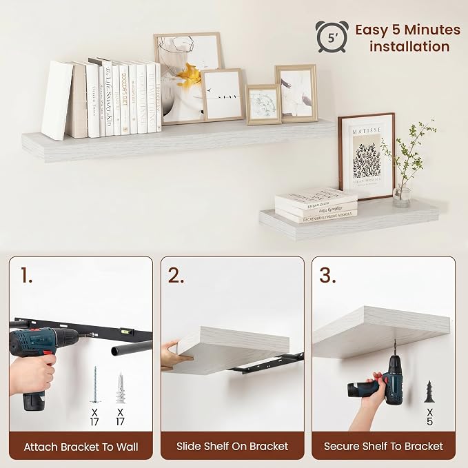 Vivelove 12 Deep Floating Shelves for Wall, 30 Inch Shelves for Room Wall Mounted, 2" Thick Floating Shelf for Living Room Bedroom Bathroom Kitchen Laundry Room, Set of 2 White Birch