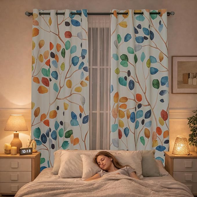 Boho Colorful Leaf Floral Blackout Curtains, Watercolor Bohemian Flower Print Window Drapes, Living Room Bedroom Decor 2 Panels 52x63 Inch