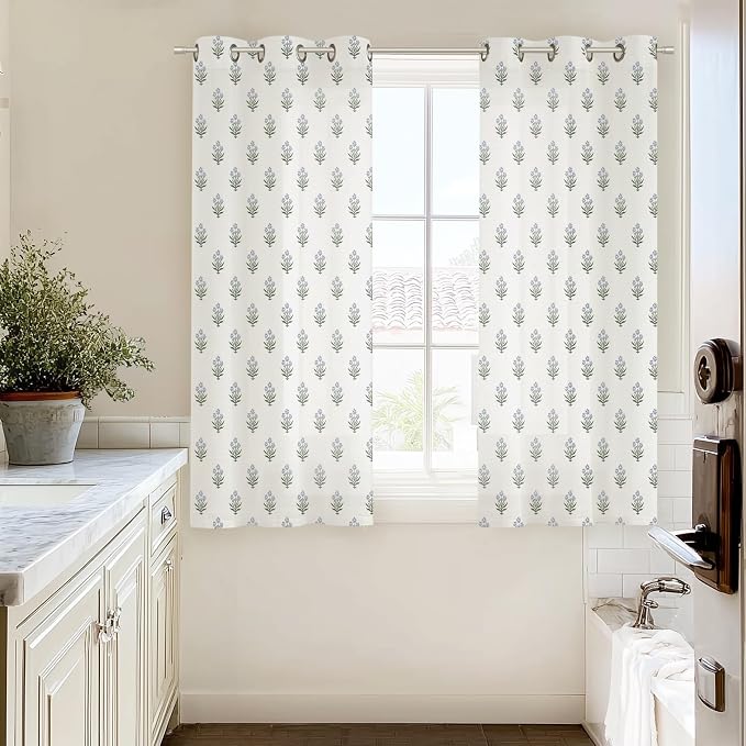 Lino Rosa Short Floral Patterned Curtains for Bathroom Window, 45 Inch Length Light Filtering Linen Sheer Panel for Bedroom, Blue and Green