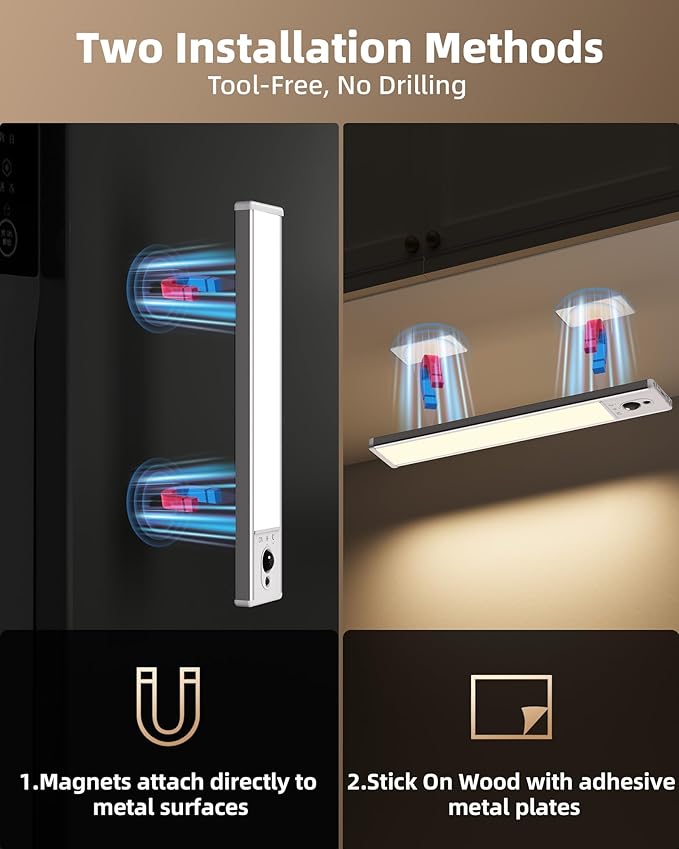 EZVALO 3-Pack Under Cabinet Lighting, 2400mAh Motion Sensor Light, LED Closet Lights Wireless, 3000K Dimmable, Timer, Magnetic, with Remote Control for Kitchen, Closet, Stairs