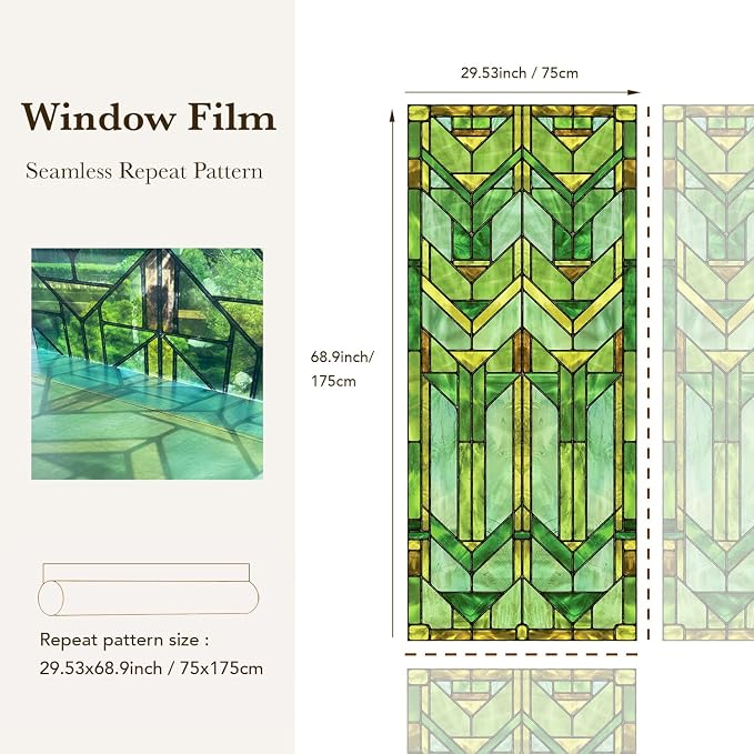 Faux Stained Glass Effect Transparent Window Film, Decorative Window Cling for Front Door Sliding Door Glass Film Decor Inspired by Frank Lloyd Wright, 29.53" x68.9" Martin House, Green