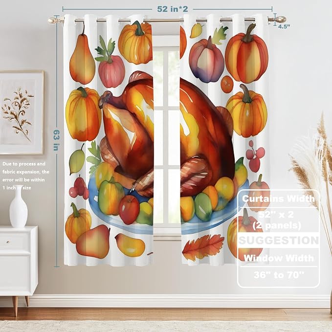Shrahala Turkey Pumpkin Thanksgiving Thermal Insulated Blackout Window Curtains, Watercolor Fruits Delicious Food Pears Long Drapes for Bedroom/Living Room with Plastic Grommet, 52X63 Set of 2