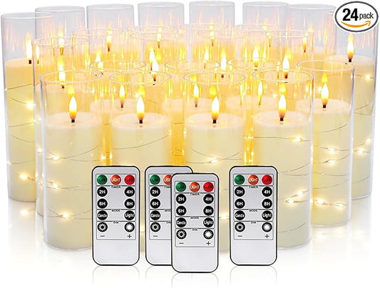 24 Pcs LED Flameless Candles with Remote, 3D Flickering Flame & LED String Lights, Acrylic Clear Cylinder, Timer Function, Romantic Ambience for Home Decor, Party, Wedding (Ivory).