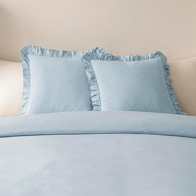 Foindtower Set of 2 Decorative Linen Fringe Ruffle Throw Pillow Covers Soft Boho Farmhouse Cushion Cover Cozy Accent Retro Pillowcase for Couch Sofa Bed Living Room Home Decor,20×20 Inch,Sky Blue