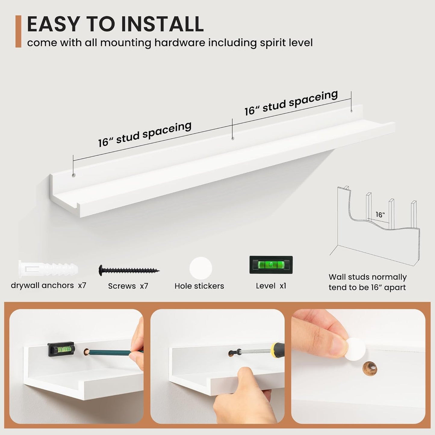 Fun Memories Picture Ledge Shelves Set of 2, 36 Inch Rustic Wall Mounted Floating Shelves with Lip for Home Storage and Décor in Bathroom, Kitchen, Nursery, Bedroom, Living Room, White