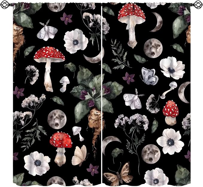 Vintage Mushroom Curtains, Gothic Dark Flowers Botanical Plants Herbs Mushroom Butterfly Moth Print Blackout Window Curtains for Kitchen Bedroom Livingroom, 52" W X 84" L