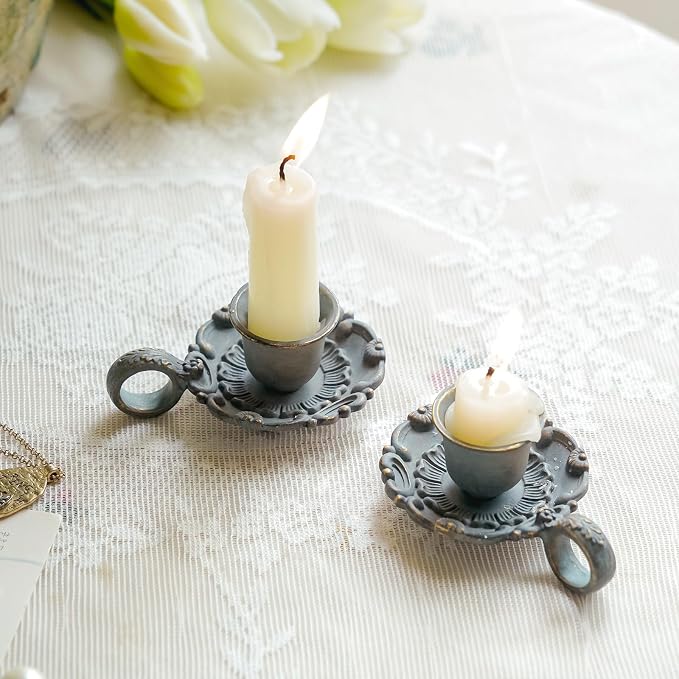 NIKKY HOME Vintage Taper Candle Holders Set of 2, Small Candlestick Stand | Decorative Handled Rustic Blue Metal Candle Stick Holders, Elegant Table Decor for Centerpieces, Weddings, Dinners, Mantels