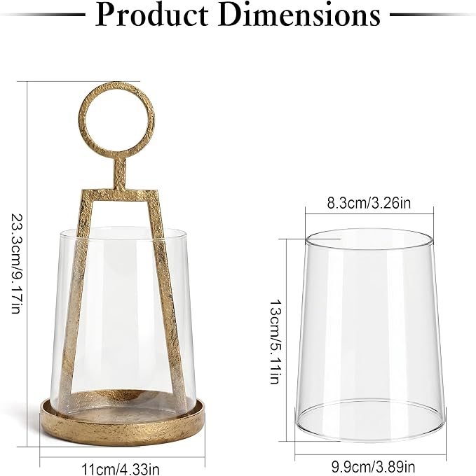 Small Farmhouse Hurricane Candle Holder (4.3" W x 9.2" H), Antique Brass Metal Lantern with Clear Glass Sleeve, Compact Tabletop Decor for Pillar Candles & Small Plants