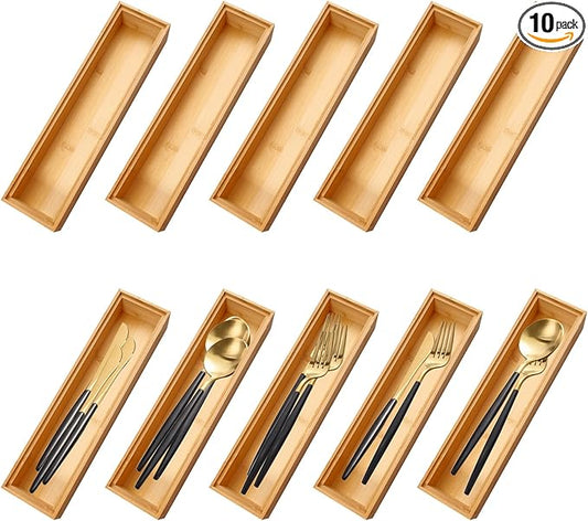 10 Pack Bamboo Drawer Organizers Stackable Wooden Cutlery Storage Boxes for Kitchen, Drawers, Bathroom, Office, Wooden Cutlery Tray (12 x 3 x 2 inches)
