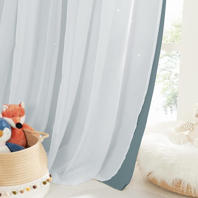 NICETOWN Nursery Curtains for Boys Bedroom Kids Baby Room Decor Cute Double Layer Star Cutout Curtains Room Darkening Window Curtains for Nursery (Stormy Sea, 52W x 84L,2 Panels)