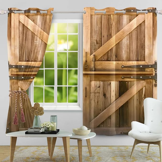 Vintage Wooden Door Window Curtains Rustic Yellow Brown Barn Door Curtains Old Garage Door Rural Style Window Drapes American Native Country Farmhouse Window Treatment,42x63 inch,2 Panels