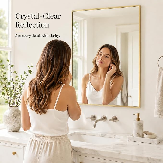 24"x36" Satin Gold Framed Rectangle Bathroom Vanity Wall Mirror | Over-Sink Vanity Mirror, Slim Metal Frame, Entryway or Dresser Use, Vertical/Horizontal Mount, Tempered Glass
