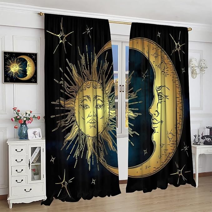 Sun Moon Blackout Windows Curtains, Boho Chic Art Golden Sun Moon and Stars Over Blue Black Sky Antique Style Curtains, for Living Room Bedroom 63x72in 2 Panels