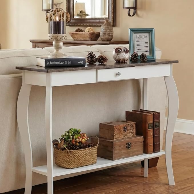 ChooChoo Narrow Farmhouse Console Table with Drawer, Chic Accent Sofa Entryway Table with Shelves for Entryway, Living Room, Hallway, Soft White