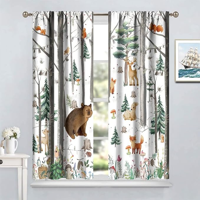 YCness Kid Forest Woodland Animal Fox Elk Bear Watercolor Print Curtains for Nursery Bedroom Living Room, Rustic Wild Animal Window Drapes 2 Panel Set, 42x54 Inch