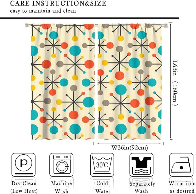 JESTRONRY Mid Century Curtains,Mid Century Fifties Modern Retro Colors Pattern Blackout Rod Pocket Window Drapes for Living Room Bedroom Kitchen Bathroom Home Decor 72x63in
