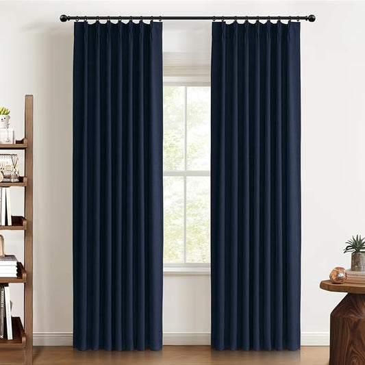 100% Blackout Shield Linen Look Textured Pinch Pleated Curtains Blackout Drapes 90 Inch Long 2 Panels Set, Faux Linen Blackout Curtains for Bedroom & Living Room, 40" W x 90" L, Midnight Blue