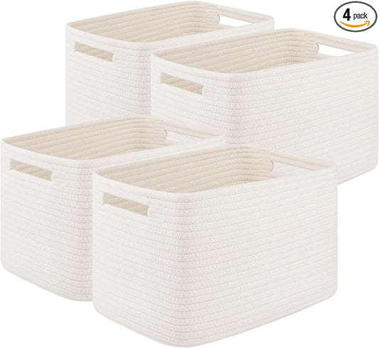 OIASKET Storage Baskets for Organizing, Woven Decorative Baskets for Shelves - Books, Towels, and Clothes, Cotton Rope Toy Storage Bins, 12.7''Lx9''Wx7.8''H, Pack of 4, White