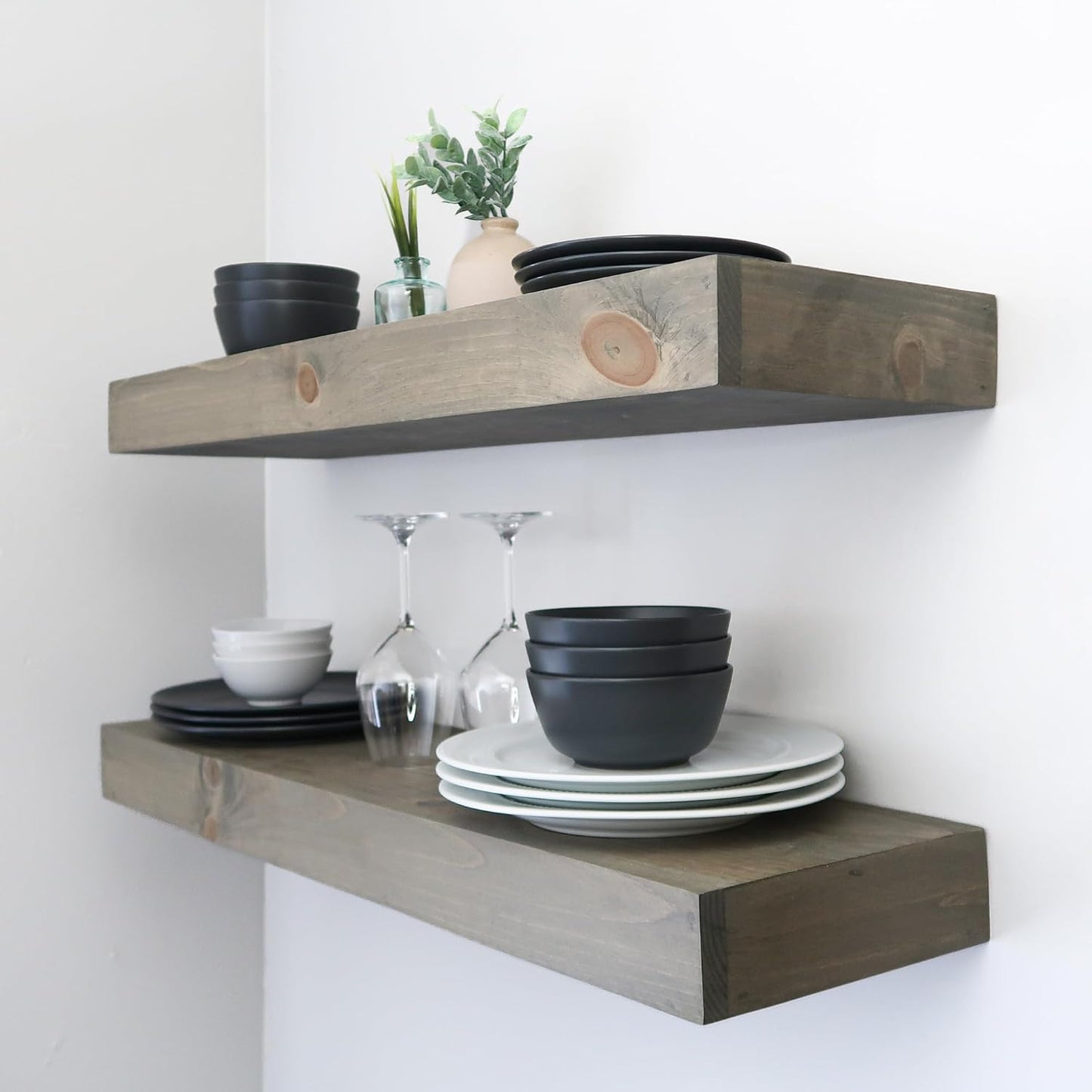 Modern Floating Shelves 3 Inches Thick for Wall, Wide Shelves for Kitchen, Living Room, Bedroom, and Bathroom, Natural Pine Wood, Rustic Wooden Shelf, (Set of 2) (Aged Barrel, 24Lx3Hx8D)