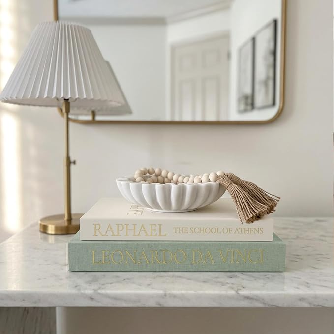 3-Piece Decorative Books for Home Decor with Wood Bead Garland - Stackable Linen Faux Book Box for Coffee Table Styling, Real Fabric Cover Fake Books with Tassel as Display Riser for Shelf