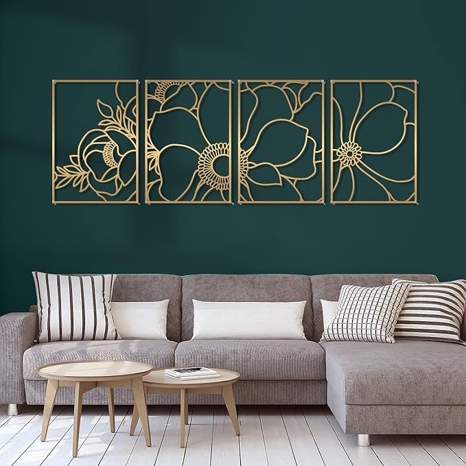 Glamativity Large 4 Pack Gold Wall Art, Minimalist Decor, Real Metal, Nature Floral Abstract, for Bedroom, Living Room, Bathroom (Gold Blossom Style, L Size 22.5 x 15.7'')