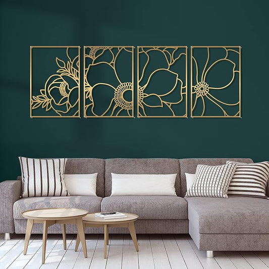 Glamativity Large 4 Pack Gold Wall Art, Minimalist Decor, Real Metal, Nature Floral Abstract, for Bedroom, Living Room, Bathroom (Gold Blossom Style, L Size 22.5 x 15.7'')