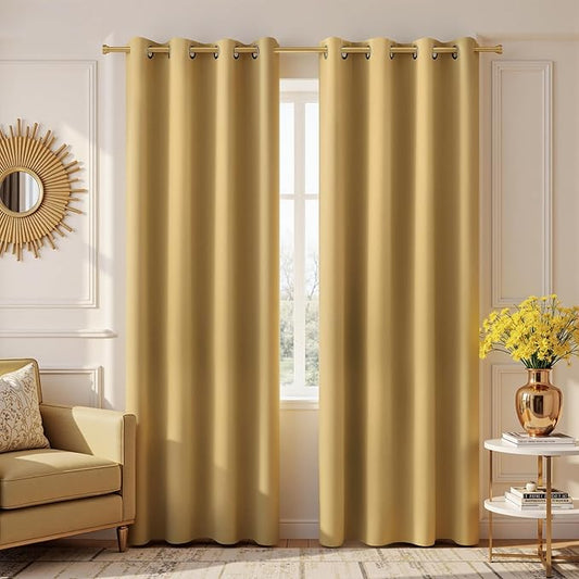 KOUFALL 90 Inch Long Gold Grommet Curtains for Family Room 2 Panels Light Diffusing Luxurious MCM Curtains for Master Bedroom Living Space,Golden Yellow