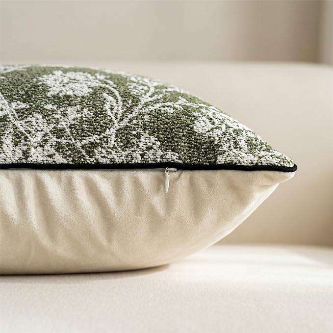 20x20 Inch Vintage Vine Floral Pillow Covers Set of 2, Large Woven Cushion Covers with Corded Piping and Velvet Back for Sofa Couch Living Room Decor, Olive Green