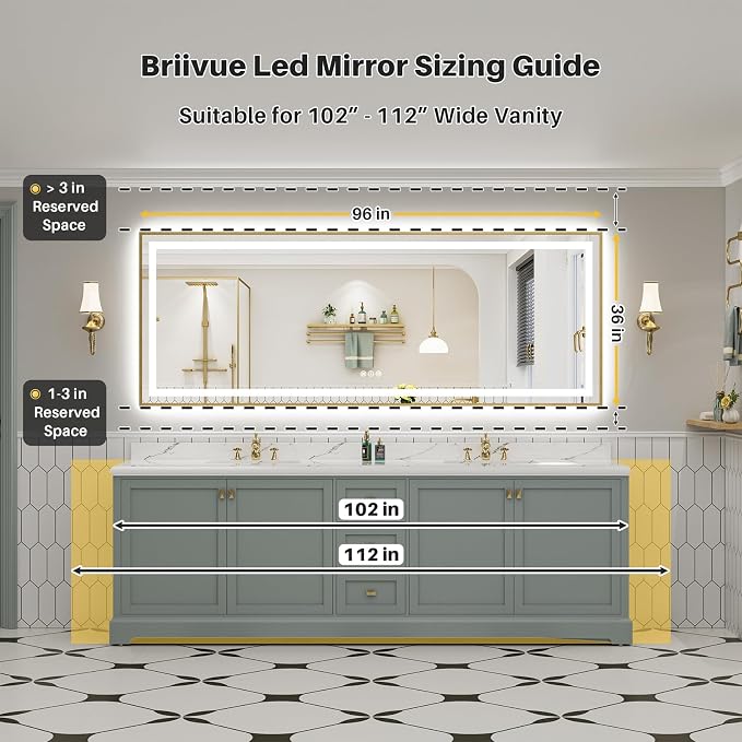 96X36 Inch LED Bathroom Mirror with Gold Frame, Backlit & Front Lit, Anti-Fog Lighted Bathroom Vanity Mirror for Wall, Memory Function, Dimmable, HD Tempered Glass, Shatter-Proof