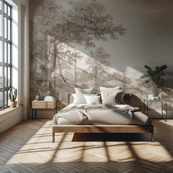YQWDMX - Beige Forest Peel and Stick Wallpaper Jungle Self-Adhesive Mural for Bedroom ZY16 L