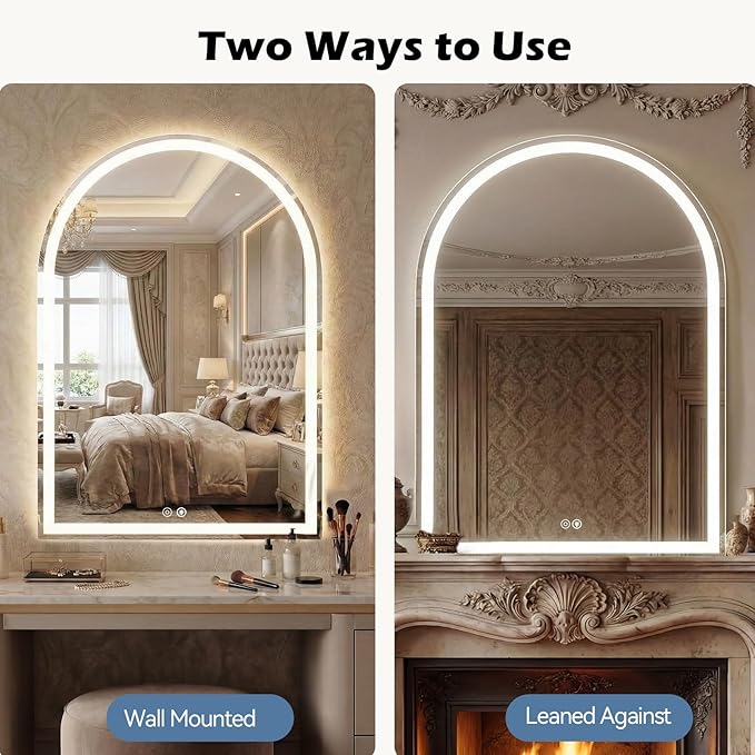 Sweetcrispy 24“×36” LED Bathroom Backlit Mirror with Lights, Arched Vanity Mirror with Anti-Fog, Dimmable, 3-Color Light, Memory Function, Tempered Glass